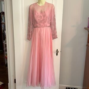 Vtg 80s Jack Bryan pink formal dressy maxi‎ dress/silver beaded bodice & sleeves
